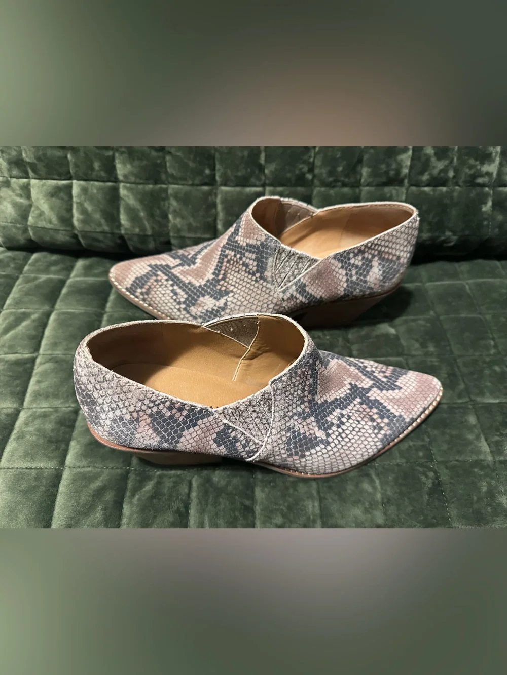 Lucky Brand Pointed Snake-Print Ankle Booties in Taupe and Black